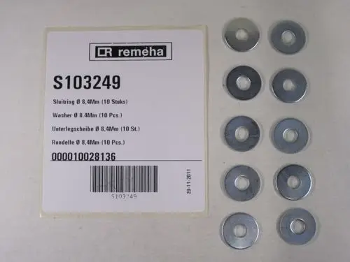 Metallwaschmittel von Remeha in einer Verpackung mit 10 Stück. Die Unterlegscheiben sind flach und rund mit einem zentralen Loch.